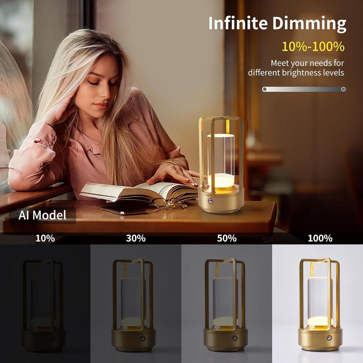 Portable Metal Table Lamp, Cordless Table Lamp with Touch Sensor