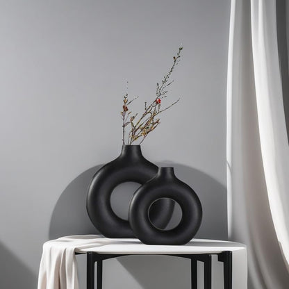 Modern Donut-Shaped Decorative Vases, Handmade Minimalist Boho Ins Style, Modern Vase for Home Decor for Wedding Dinner Table Party Living Room Office Bedroom (Black, Large + Small)