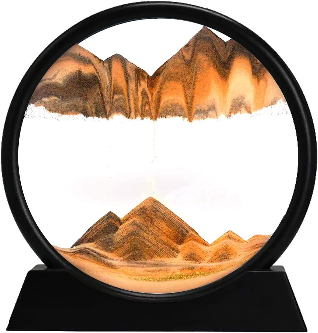 3D Dynamic Sand Art Liquid Motion, Moving Sand Art Picture round Glass 3D Deep Sea Sandscape in Motion Display Flowing Sand Painting Relaxing Desk Toys (Yellow, 7'')