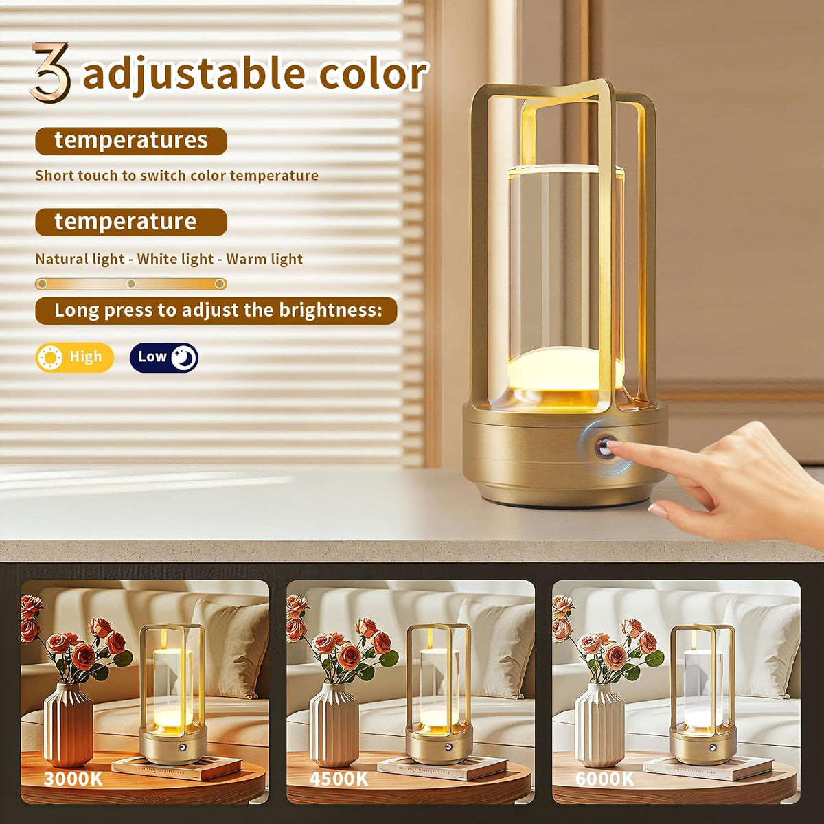 Portable Metal Table Lamp, Cordless Table Lamp with Touch Sensor