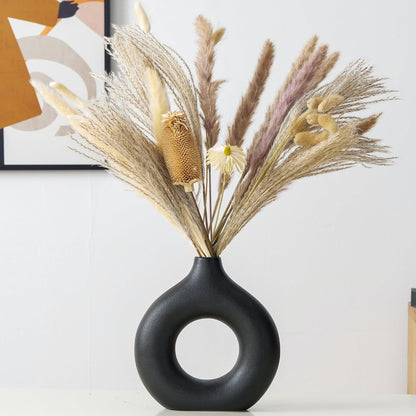Modern Donut-Shaped Decorative Vases, Handmade Minimalist Boho Ins Style, Modern Vase for Home Decor for Wedding Dinner Table Party Living Room Office Bedroom (Black, Large + Small)